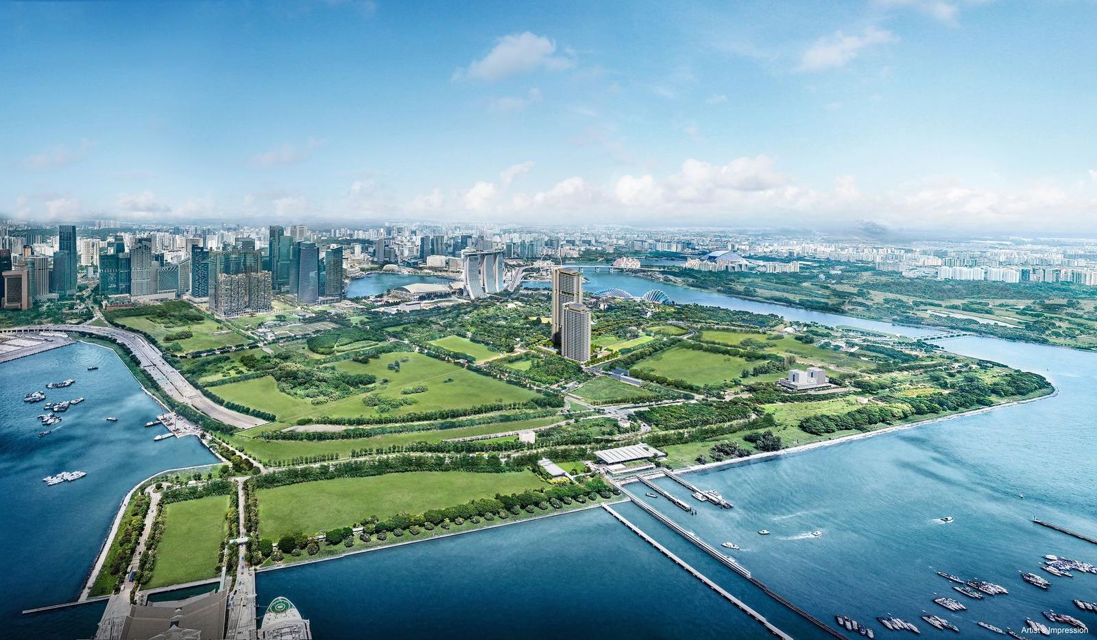 Aerial artist's impression of One Marina Gardens within the Marina South precinct, with Marina Bay and the city behind