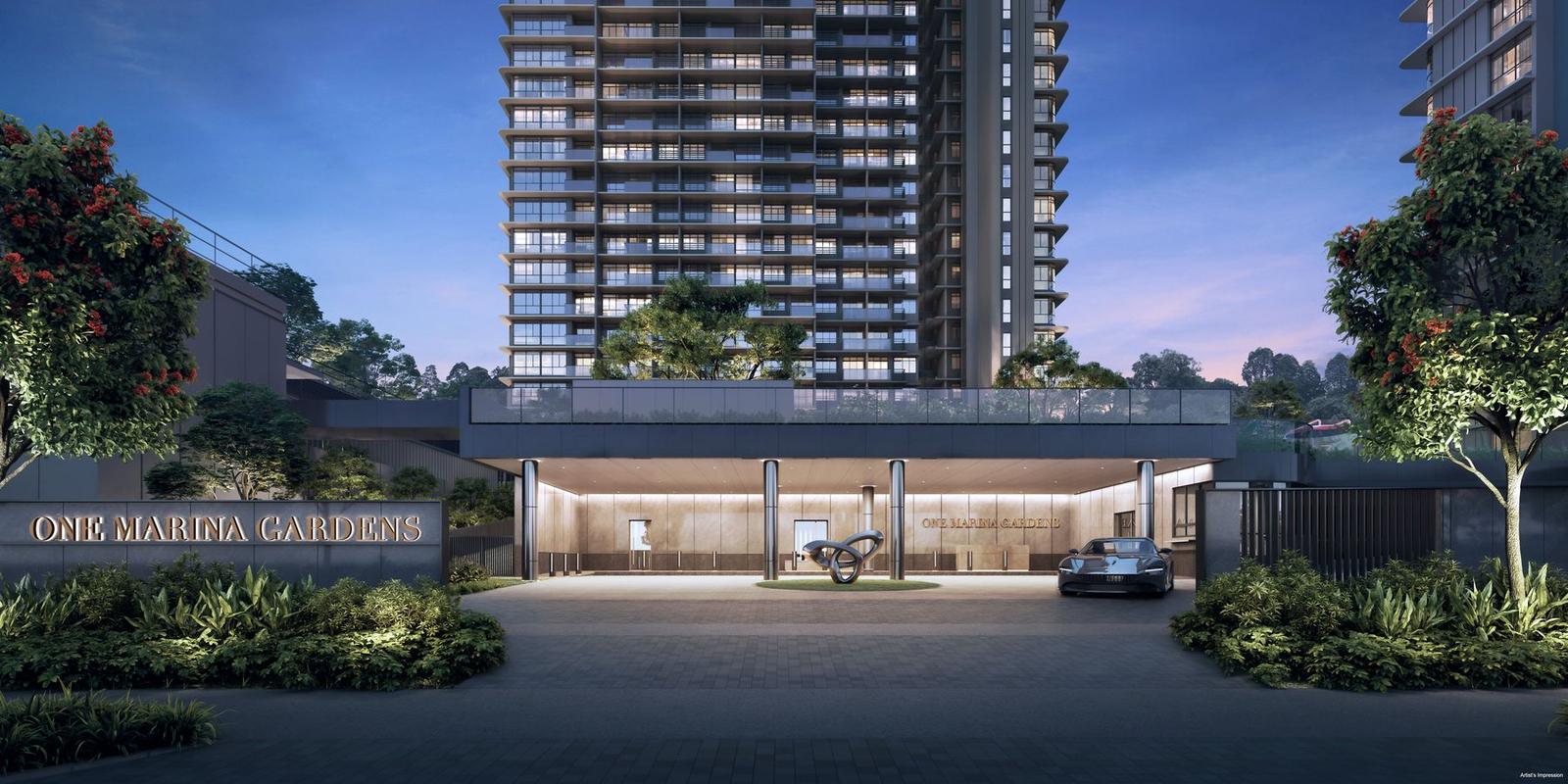 Artist's impression of the One Marina Gardens arrival court and entrance