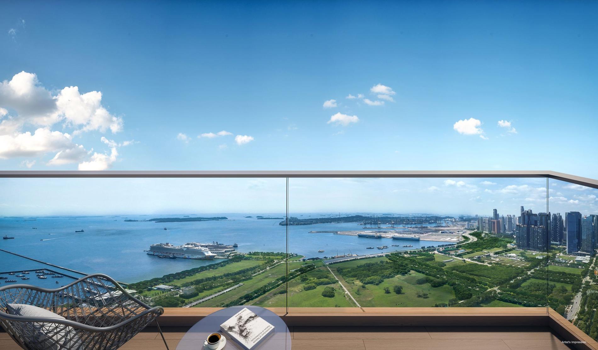View from a One Marina Gardens balcony over Marina South, the Straits and the city skyline
