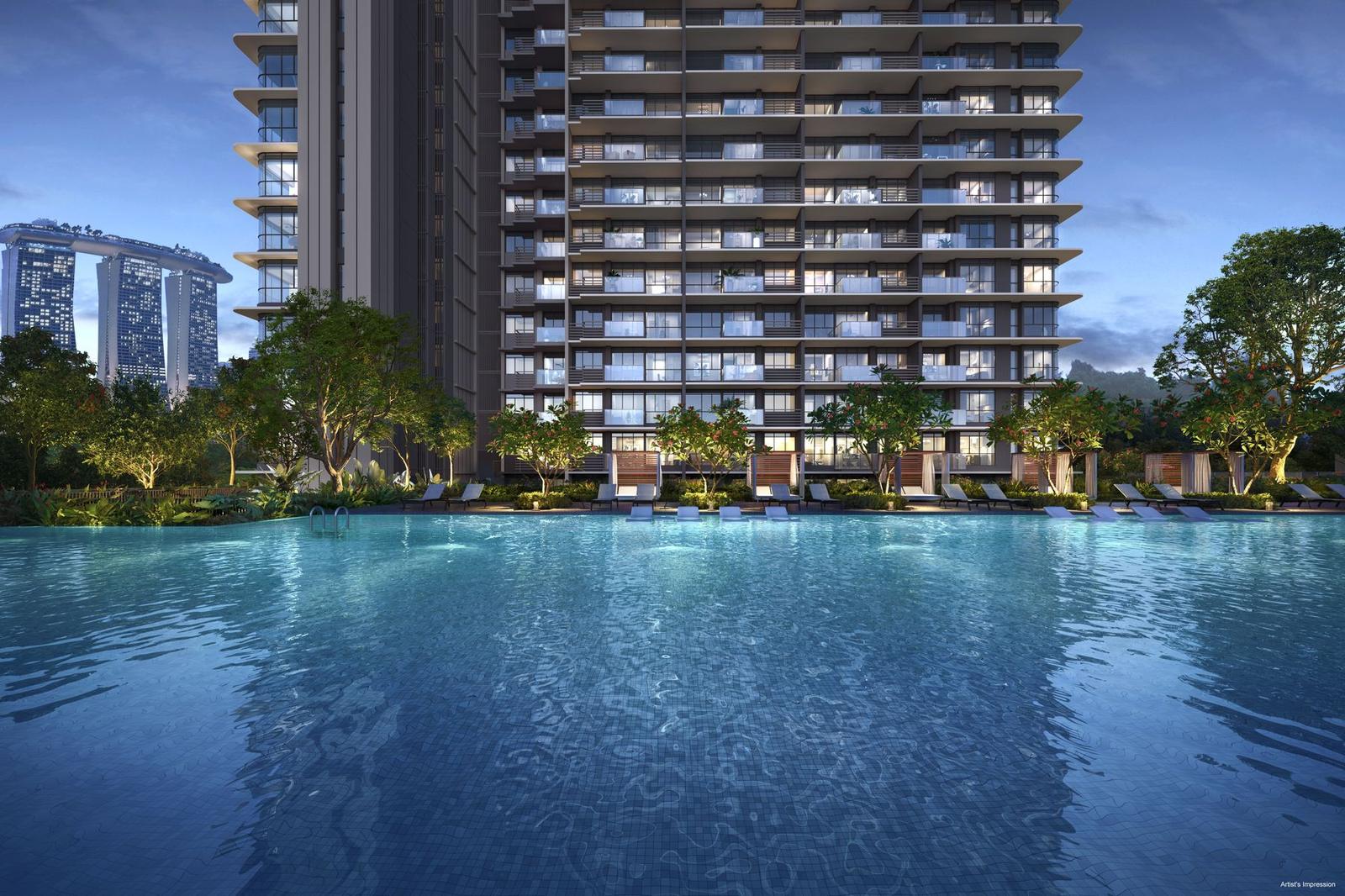 Artist's impression of the One Marina Gardens pool deck with the towers behind