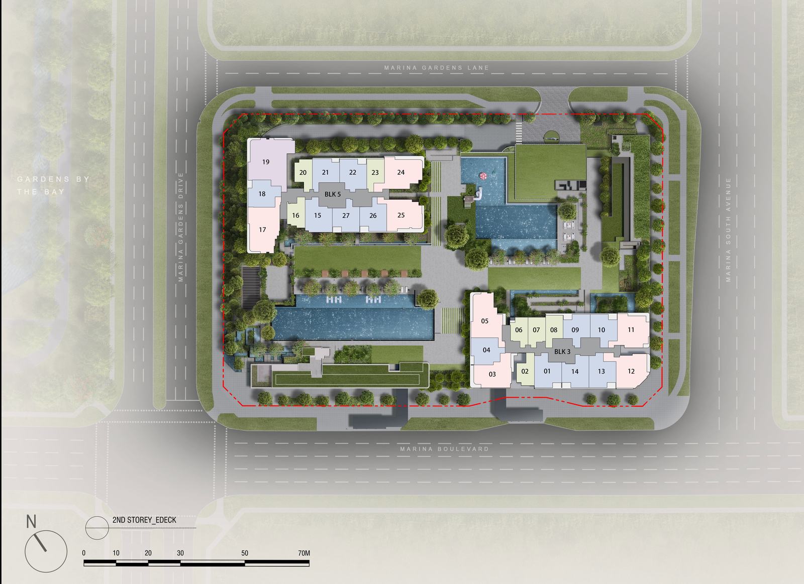 Site plan of One Marina Gardens showing Block 3 and Block 5 with stack numbers, the pools and the landscaped deck, bounded by Marina Gardens Lane and Marina Boulevard