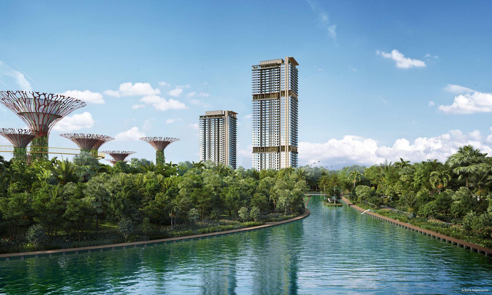 Artist's impression of the towers seen from Gardens by the Bay, with the Supertrees in the foreground