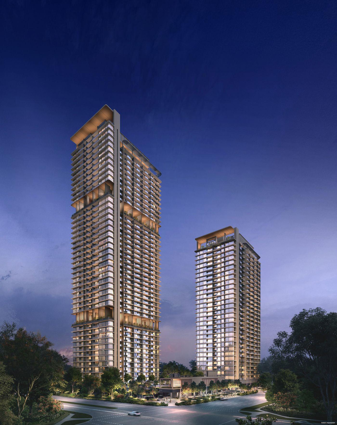 Artist's impression of the two One Marina Gardens towers at dusk